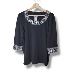 Bob Mackie Beaded Black Top Rhinestone Embellished 100% Cotton Size Medium